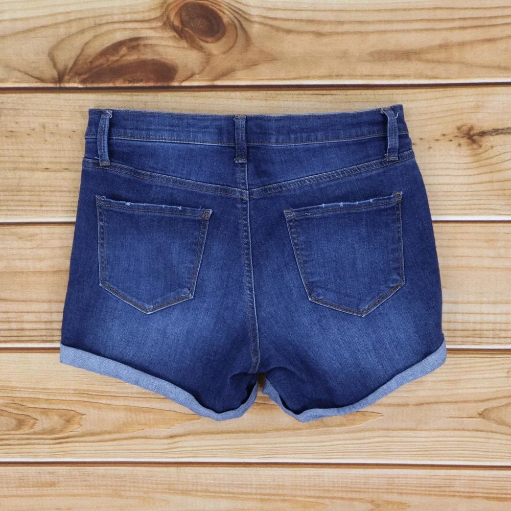 Mudd‎ Jean Shorts Distressed High Rise Midi Juniors Sz 9 Blue Stretch Button-Fly
